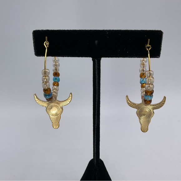 Earrings Hoops Cow Skull Boho Country Western Glass Beads Gold Tone #B Jewelry - Picture 2 of 3
